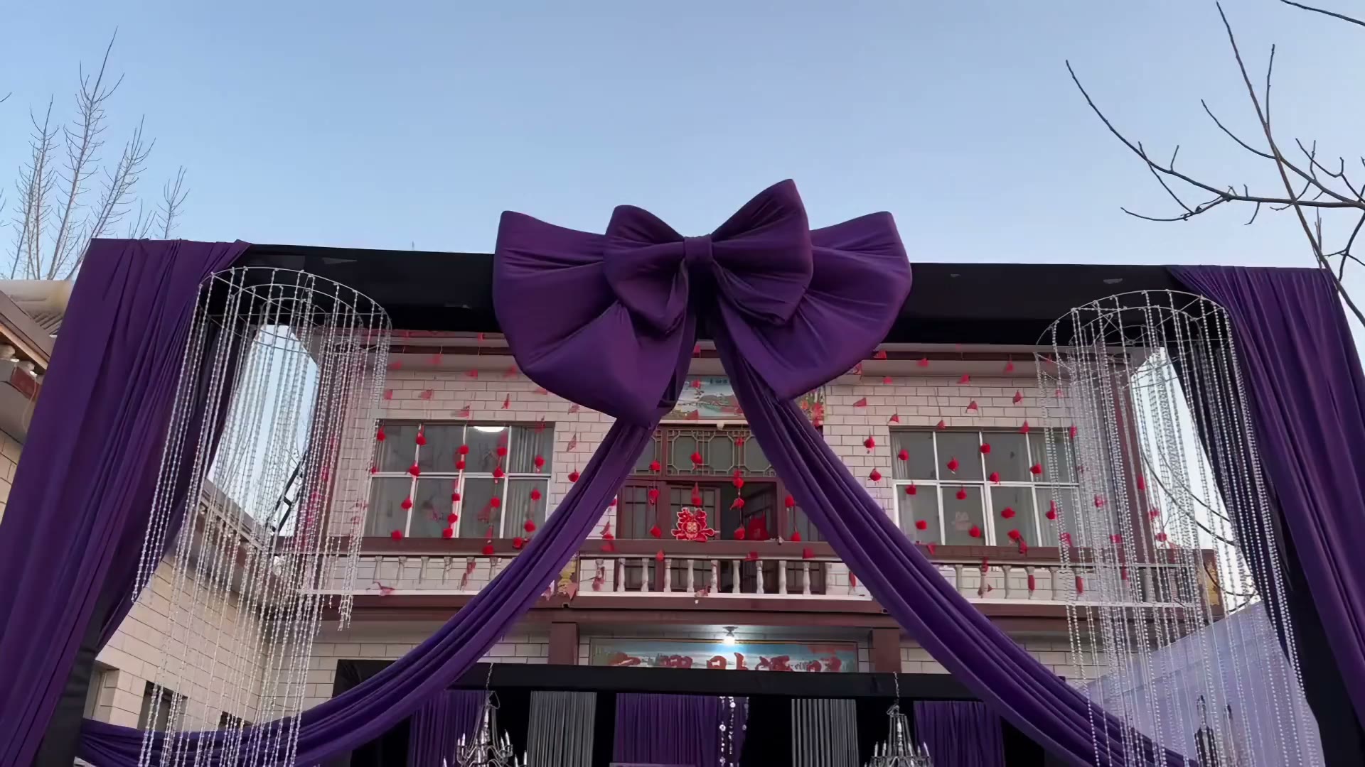 紫色系韩式布幔蝴蝶结庭院婚礼