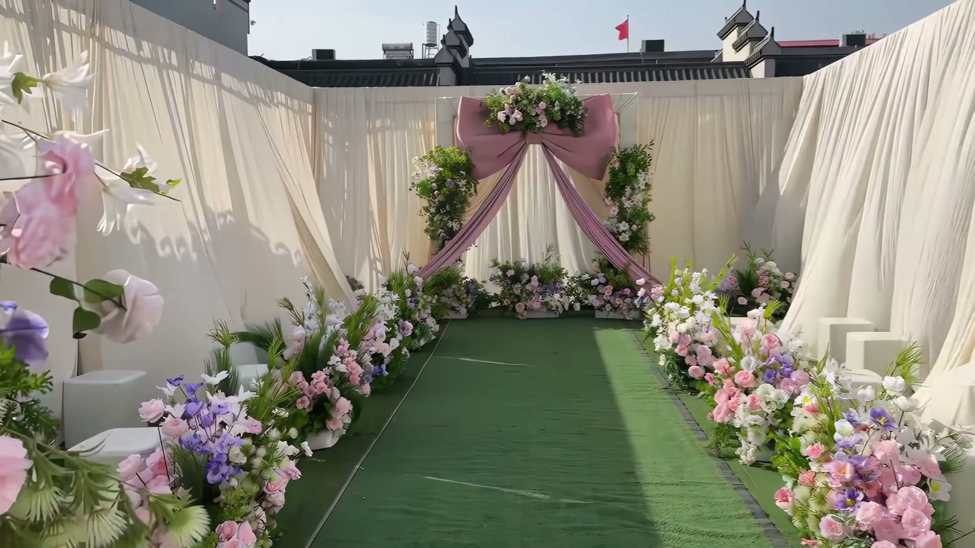 香槟粉韩式布幔蝴蝶结庭院婚礼