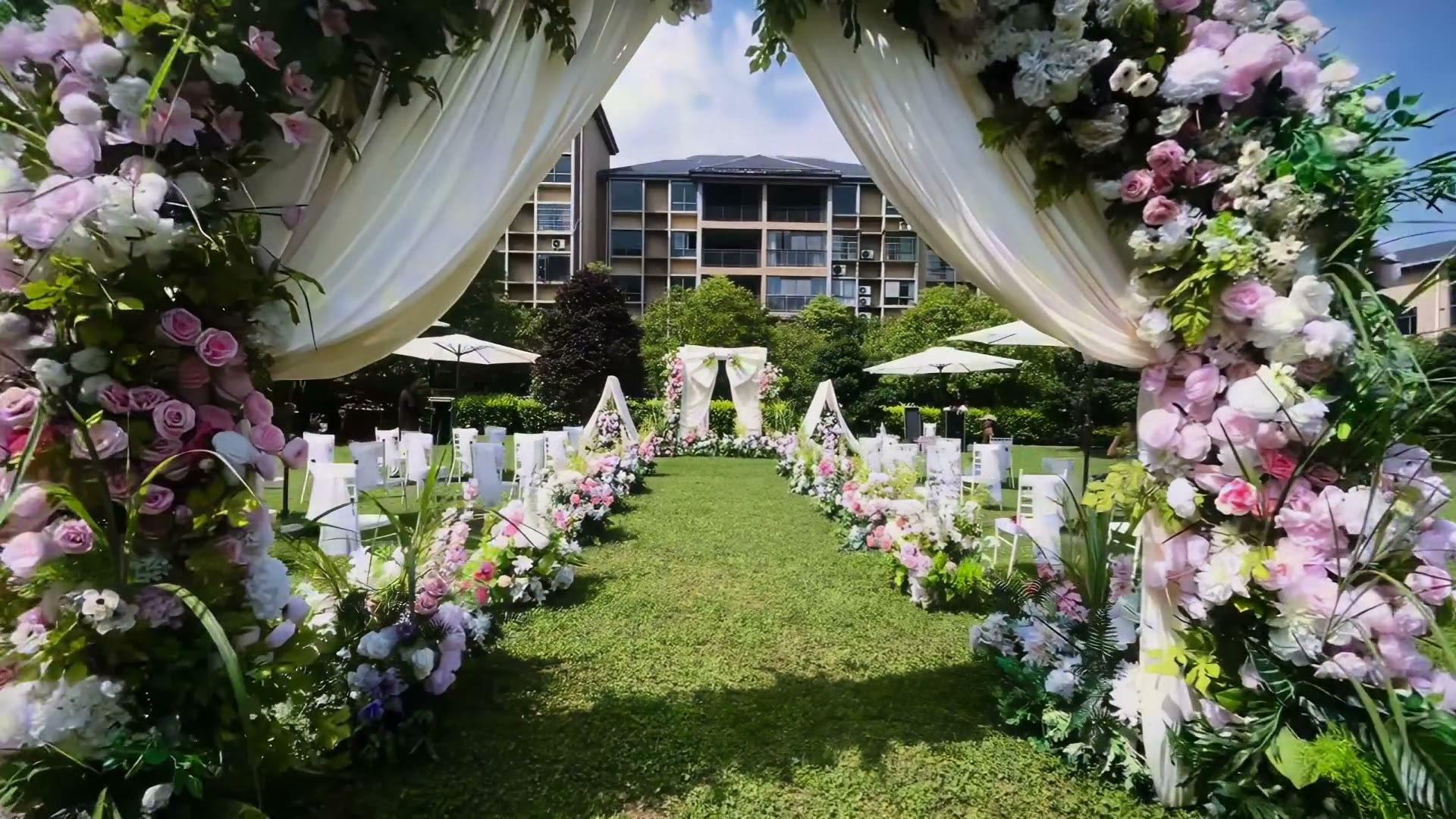 户外草坪香槟色韩式布幔婚礼